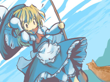 1girl :o apron back_bow black_skirt black_vest blonde_hair blue_sky boots bow broom brown_boots cat commentary_request day frilled_apron frills green_eyes hand_on_headwear holding holding_broom kirisame_marisa long_hair long_sleeves looking_at_animal neki-t notice_lines open_mouth orange_cat outdoors pants red_scarf scarf shirt skirt sky sleeve_ribbon solo standing touhou vest waist_apron white_apron white_pants white_shirt