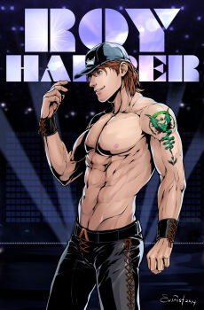 1boy abs arm_tattoo artist_name bara baseball_cap belt black_belt black_hat black_pants character_name dc_comics evinist hat highres large_pectorals male_focus muscular muscular_male navel nipples pants pectorals red_hair roy_harper short_hair smile solo tattoo topless_male wristband young_justice