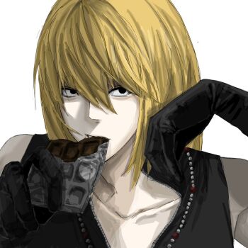 1boy black_eyes black_gloves black_jacket blonde_hair candy chocolate chocolate_bar commentary death_note eating food gloves gwakchili highres holding holding_chocolate holding_food jacket looking_at_viewer male_focus mello_(death_note) partially_unzipped short_hair solo zipper