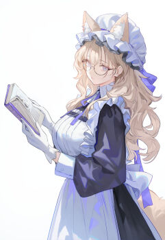 1girl animal_ear_fluff animal_ears apron blonde_hair book breasts commentary frilled_apron frills glasses gloves hat highres holding holding_book huge_breasts long_hair long_sleeves looking_at_viewer maid maid_apron mob_cap nekojira open_mouth original round_eyewear semi-rimless_eyewear simple_background tail under-rim_eyewear untranslatable_commentary wavy_hair white_apron white_background white_gloves wolf_ears wolf_girl wolf_tail