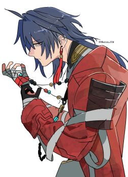 1boy absurdres ahoge bandaged_hand bandages beads bithmath blade_(elation)_(honkai:_star_rail) blade_(honkai:_star_rail) blue_hair commentary_request earrings from_side gloves highres honkai:_star_rail honkai_(series) jacket jewelry long_hair necklace red_eyes red_jacket single_earring single_glove staring tassel twitter_username