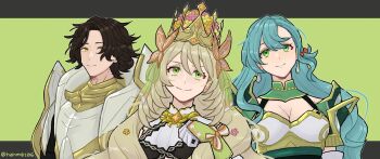 2girls black_hair blonde_hair blue_hair celine_(fire_emblem) chloe_(fire_emblem) fire_emblem fire_emblem_engage green_eyes hahm0106 highres image_sample looking_at_viewer louis_(fire_emblem) multiple_girls nintendo princess swept_bangs tiara twitter_sample upper_body