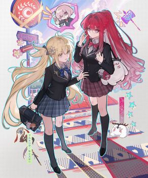 3girls artoria_caster_(fate) artoria_pendragon_(fate) baobhan_sith_(fate) black_shirt blonde_hair blue_skirt cernunnos_(fate) character_charm charm_(object) commentary fate/grand_order fate_(series) fou_(fate) fujimaru_ritsuka_(female) full_body hana_soretsu hashtag-only_commentary highres long_hair mash_kyrielight morgan_le_fay_(fate) multiple_girls oberon_(fate) pink_hair ponytail purple_eyes purple_hair red_skirt school_uniform shirt skirt