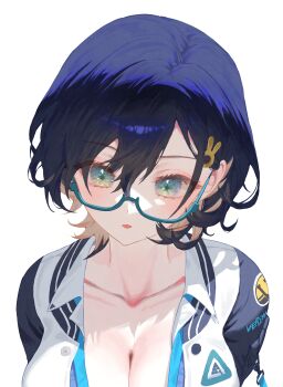 1girl absurdres aqua-framed_eyewear blue_archive blue_cardigan blue_hair blue_sleeves breasts cardigan chihiro_(blue_archive) cleavage collarbone commentary glasses green_eyes hair_between_eyes hair_ornament highres jacket large_breasts looking_at_viewer multicolored_jacket open_clothes open_jacket parted_lips rabbit_hair_ornament reosroom semi-rimless_eyewear short_hair sidelocks simple_background solo two-tone_jacket under-rim_eyewear upper_body white_background white_jacket