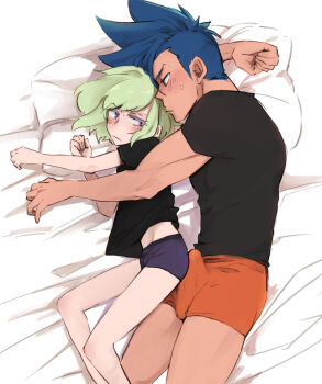 2boys aus_vaka bed black_shirt blue_eyes blue_hair blush bulge bulge_press bulge_to_ass closed_mouth couple earrings erection erection_under_clothes eye_contact feet_out_of_frame galo_thymos green_hair highres jewelry lio_fotia looking_at_another looking_back lying male_focus male_underwear mohawk multiple_boys muscular muscular_male on_side orange_male_underwear profile promare purple_eyes purple_male_underwear shirt short_hair short_hair_with_long_locks sidelocks simple_background single_earring size_difference skinny spiked_hair sweatdrop triangle_earrings underwear white_background yaoi