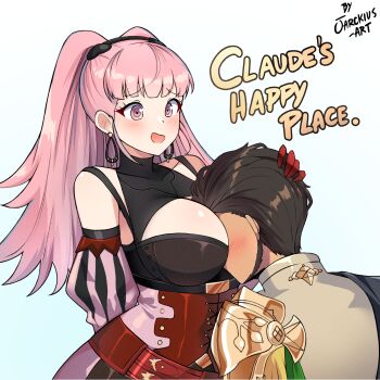1boy 1girl artist_name bad_id bad_pixiv_id between_breasts blush breast_smother breasts brown_hair character_name claude_von_riegan claude_von_riegan_(timeskip) dark-skinned_male dark_skin face_between_breasts face_to_breasts fire_emblem fire_emblem:_three_houses hand_on_another&#039;s_head head_between_breasts headpat hetero highres hilda_valentine_goneril hilda_valentine_goneril_(timeskip) jarckius large_breasts long_hair matching_hair/eyes nintendo official_alternate_costume open_mouth pink_eyes pink_hair short_hair smile