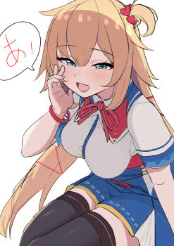 1girl akai_haato akai_haato_(1st_costume) black_thighhighs blonde_hair blue_sailor_collar blue_skirt breasts collared_shirt hair_ornament heart heart_hair_ornament highres hololive large_breasts long_hair looking_at_viewer maramuya one_side_up open_mouth sailor_collar shirt skirt smile solo thighhighs twintails very_long_hair virtual_youtuber white_shirt