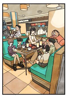 3girls 5boys agasa_hiroshi black_hair brown_hair buzz_cut child drinking_straw eating edogawa_conan facial_hair father_and_daughter full_body glasses grey_hair gun haibara_ai hairband head_rest highres holding holding_gun holding_newspaper holding_weapon indoors kojima_genta long_hair meitantei_conan mouri_kogoro mouri_ran multiple_boys multiple_girls mustache newspaper old old_man pink_hairband short_hair sitting smile soda takeuchi_ryousuke tsuburaya_mitsuhiko very_short_hair weapon yoshida_ayumi