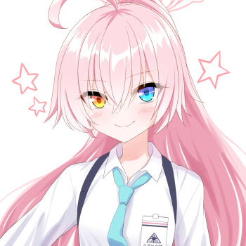 1girl ahoge blue_archive blue_eyes blue_necktie blush closed_mouth collared_shirt commentary_request hair_between_eyes halo heterochromia hoshino_(blue_archive) long_hair looking_at_viewer necktie orange_eyes ponytail shirt simple_background smile solo star_(symbol) suspenders upper_body watarui white_background white_shirt