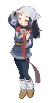 Rule 34 | 1girl, akari (pokemon), black hair, blue kimono, blue pantyhose, blush, brown sandals, closed eyes, commentary request, full body, funifuchan, fur trim, galaxy team survey corps uniform, headscarf, highres, hot, japanese clothes, kimono, long hair, loose socks, nintendo, obi, open mouth, pantyhose, pokemon, pokemon legends: arceus, ponytail, red scarf, sandals, sash, scarf, socks, sweat, undershirt, white headscarf, wiping forehead