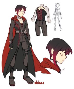 1girl aged_up alternate_hair_length alternate_hairstyle black_coat black_corset black_gloves black_hair boots cape clenched_hands closed_eyes closed_mouth coat commentary corset de_b0o english_commentary eyelashes fingerless_gloves full_body gloves gradient_hair grey_boots grey_eyes grey_pants highres long_sleeves multicolored_hair multiple_views pants red_cape red_hair ruby_rose rwby short_hair simple_background single_sidelock smile standing v-shaped_eyebrows very_short_hair white_background