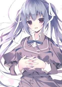 1girl :d blue_bow blue_bowtie blush bow bowtie brown_capelet brown_jacket capelet collared_shirt commentary_request floating_hair hair_ribbon highres honma_misuzu interlocked_fingers jacket long_hair long_sleeves looking_at_viewer open_mouth own_hands_together red_eyes ribbon sakura_no_uta school_uniform shirt sidelocks simple_background smile solo sukonbu385 twintails upper_body very_long_hair white_background white_ribbon white_shirt