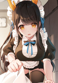 1girl apron bison_cangshu black_dress black_hair blanket blush breasts clock commentary_request copyright_request dress eyelashes frilled_apron frills highres holding holding_blanket horns indoors large_breasts leaning_forward long_hair looking_at_viewer maid maid_apron maid_headdress open_mouth puffy_short_sleeves puffy_sleeves short_sleeves sidelighting skindentation solo sweatdrop thighhighs waist_apron wall_clock wavy_mouth white_apron yellow_eyes