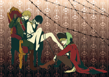 armchair axis_powers_hetalia barefoot bdsm black_hair blonde_hair bondage bottomless bound chair dual_persona highres japan_(hetalia) legs male_focus master pirate restrained rope short_hair slave united_kingdom_(hetalia) yaoi