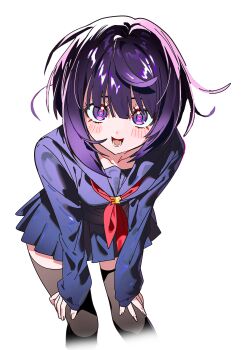 1girl 5oh5s2 absurdres black_hair black_serafuku black_shirt black_thighhighs blush breasts collarbone collared_shirt gradient_hair gwynn_(pokemon) heart heart-shaped_pupils highres long_sleeves looking_at_viewer multicolored_hair neckerchief nintendo open_mouth pokemon pokemon_legends:_z-a purple_eyes purple_hair red_neckerchief school_uniform serafuku shirt short_hair smile symbol-shaped_pupils thighhighs white_background