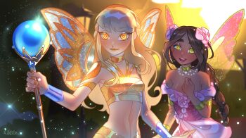 2girls armlet bead_necklace beads blonde_hair blunt_bangs bracelet bracer braid breasts bright_pupils brown_hair choker cleavage clenched_hand closed_mouth commentary cowboy_shot crop_top dark-skinned_female dark_skin day derivative_work dress english_commentary eyeshadow fairy fairy_wings flora_(winx_club) flower flower_dress glitter green_choker green_eyes hair_beads hair_flower hair_ornament hand_on_own_chest happy highres holding holding_staff jewelry lamppost light_blush lipstick long_hair looking_at_viewer magical_girl makeup midriff multiple_girls nail_polish navel necklace off-shoulder_dress off_shoulder open_mouth orange_choker orange_eyeshadow orange_lips orange_shirt orange_skirt outdoors path pink_dress pink_flower pink_lips pink_nails pink_wings road screenshot_redraw shirt short_dress shoulder_pads sidelocks single_braid skirt skirt_set sky smile sparkle staff stella_(winx_club) sunlight teeth thick_eyebrows transparent_wings tree upper_teeth_only very_long_hair wavy_hair white_pupils white_sky wikate wings winx_club winx_club_(reboot) yellow_eyes yellow_nails