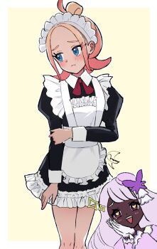 2girls :d alternate_costume apron black_dress blonde_hair blue_eyes blush border brown_eyes closed_mouth commentary dark-skinned_female dark_skin dress enmaided frills gloves hands_up headdress heart heart-shaped_pupils jacinthe_(pokemon) long_hair long_sleeves looking_to_the_side maid meru_merume603 multiple_girls nintendo open_mouth outside_border pokemon pokemon_legends:_z-a puffy_sleeves smile symbol-shaped_pupils taunie_(pokemon) teeth upper_teeth_only white_apron white_border white_gloves yellow_background