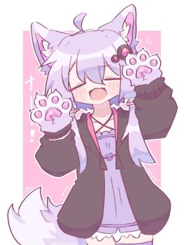 Rule 34 | 1girl, :d, ahoge, animal ears, animal hands, cat ears, cat paws, cat tail, cowboy shot, dress, facing viewer, fang, hair ornament, hands up, highres, hood, hood down, jacket, kemonomimi mode, kousyyu, long hair, long sleeves, open clothes, open jacket, open mouth, pink background, purple dress, purple hair, sidelocks, skin fang, smile, solo, standing, tail, voiceroid, yuzuki yukari