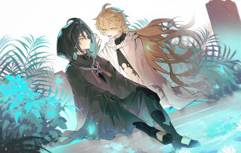 2boys 443420884 aether_(genshin_impact) ahoge black_gloves blonde_hair closed_mouth commentary_request earrings genshin_impact gloves highres hood hood_up jewelry long_hair looking_at_viewer male_focus multiple_boys necklace open_mouth pearl_necklace pointy_ears single_earring sitting torn_clothes xiao_(genshin_impact) yaoi yellow_eyes