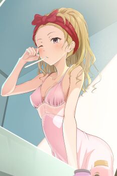 1girl blonde_hair breasts brushing_teeth cleavage commentary commission gokusai_kaibi highres indoors k3rd medium_breasts morning nightgown pink_nightgown ponytail purple_eyes rubbing_eyes skeb_commission solo symbol-only_commentary toaru_kagaku_no_dark_matter toaru_majutsu_no_index toothbrush toothbrush_in_mouth