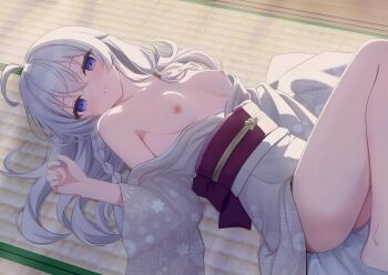 1girl absurdres ahoge akira_(eleven4-tabletennis2ndg) backlighting bare_shoulders blue_eyes blush braid breasts commentary_request elaina_(majo_no_tabitabi) grey_kimono hair_between_eyes hand_up highres japanese_clothes kimono knee_up long_hair looking_at_viewer lying majo_no_tabitabi nipples obi off_shoulder on_back open_clothes open_kimono parted_lips print_kimono sash small_breasts solo tatami thighs white_hair wide_sleeves