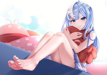 1girl absurdres barefoot blue_eyes blue_hair feet highres long_hair looking_at_viewer omazenzenn smile soles toes twintails
