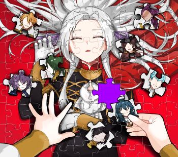 4boys 5girls bernadetta_von_varley black_hair blue_hair brown_hair capelet caspar_von_bergliez closed_eyes commentary curly_hair dorothea_arnault edelgard_von_hresvelg english_commentary faceless faceless_female faceless_male facial_mark female_byleth_(fire_emblem) female_pov ferdinand_von_aegir fire_emblem fire_emblem:_three_houses bad_tag garreg_mach_monastery_uniform gloves green_hair hair_ribbon highres holding hubert_von_vestra iri_miyu linhardt_von_hevring long_hair long_sleeves lying multiple_boys multiple_girls nintendo no_eyes on_back open_mouth orange_hair parted_bangs parted_lips petra_macneary pov pov_hands purple_hair purple_ribbon puzzle puzzle_piece red_background red_capelet ribbon short_hair smile white_gloves white_hair