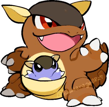 chibi chibi_only commentary_request fangs full_body gen_1_pokemon kangaskhan kawaanago lowres mother_and_child nintendo nostrils open_mouth pokemon pokemon_(creature) pokemon_focus red_eyes smile transparent_background twitter_username