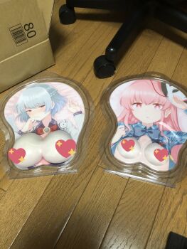 2girls artist_request bow bowtie box breasts breasts_apart breasts_out brooch cardboard_box chair check_artist closed_mouth collared_shirt ears embarrassed expressionless feathered_wings floor half-closed_eyes hands_up hata_no_kokoro highres jacket jewelry kishin_sagume large_breasts lips long_hair long_sleeves looking_at_viewer lying mask medium_breasts mousepad_(object) multiple_girls nipples noh_mask nose on_back on_floor open_clothes open_jacket open_mouth package peso_(cheese_company) photo_(medium) pink_hair red_bow red_bowtie red_eyes ribbon shirt single_wing source_request touhou upper_body white_hair white_wings wings wooden_floor