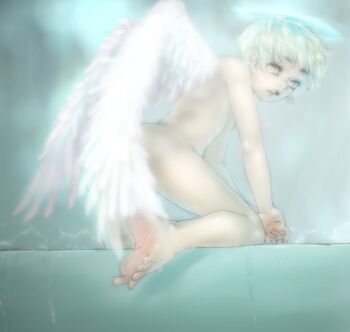 1boy angel angel_boy angel_wings barefoot blonde_hair from_behind halo hegitsu looking_back male_focus nude original short_hair solo wet wings