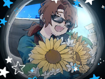 Rule 34 | 1boy, :d, ^ ^, absurdres, alternate costume, beard stubble, black-framed eyewear, black-framed glasses, black gloves, blue background, blue coat, blue necktie, blue sky, bouquet, brown hair, brown trim, brown vest, building, city, closed eyes, coat, collared shirt, day, dress shirt, facial hair, field, fisheye, flower, flower field, formal clothes, glasses, gloves, gregor (project moon), hair between eyes, hair intakes, happy, highres, holding, holding bouquet, holding flower, indoors, jacket, limbus company, long hair, long sleeves, looking at viewer, looking to the side, low ponytail, male focus, necktie, oekaki, official alternate costume, open clothes, open coat, open mouth, outdoors, parted bangs, peephole, photoshop (medium), ponytail, pov, pov peephole, project moon, shirt, simple background, single glove, sky, skyscraper, smile, solo, sparkle, star (symbol), stubble, suit, sunflower, sunglasses, tinted eyewear, two-sided fabric, upper body, vest, white flower, white shirt, window, yellow flower, zwei association south uniform