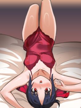 1girl :o bed_sheet black_hair blush breasts commentary english_commentary hair_ribbon highres kaguya-sama_wa_kokurasetai_~tensai-tachi_no_renai_zunousen~ looking_at_viewer lying navel nico-mo nightgown on_back open_mouth parted_bangs red_eyes red_nightgown red_ribbon ribbon see-through_clothes shinomiya_kaguya shiny_skin short_hair sleepwear small_breasts solo sweat upside-down