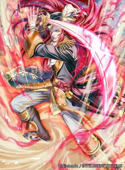 1boy boots commentary_request company_name fire_emblem fire_emblem:_the_sacred_stones fire_emblem_cipher hat hat_feather holding holding_sword holding_weapon joshua_(fire_emblem) long_hair male_focus nintendo official_art red_eyes red_hair sheath solo sword weapon yoneko_okome