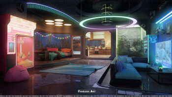 3d absurdres air_conditioner artist_name banana bed bedroom blanket blender_(medium) bonsai book book_stack bookshelf building can ceiling ceiling_light city_lights cityscape coffee_table commentary couch ditto energy_drink english_commentary filian_(vtuber) flat_screen_tv floor flower food fox_mask foxeleos fruit gen_1_pokemon glowing highres indie_virtual_youtuber indoors kitchen kunai living_room mask monster_energy neon_lights night nintendo nissin_cup_noodle no_humans original oven photoshop_(medium) pillow plant pokemon reflective_floor rug scenery shelf steam string_of_light_bulbs stuffed_toy table television tile_ceiling tile_floor tiles vending_machine virtual_youtuber wanted_poster watermark weapon white_flower