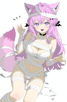 1girl :3 absurdres ahoge alternate_costume animal_ear_fluff animal_ears bandaged_arm bandaged_chest bandaged_leg bandaged_tail bandaged_wrist bandages bandaid bare_shoulders bat_wings braid breasts choker claw_pose cleavage double_bun fang hair_bun hakui_koyori halloween heart heart_choker highres hololive holox light_blush long_hair looking_at_viewer momorin mummy_costume navel open_mouth pink_hair purple_eyes simple_background solo tail virtual_youtuber wings wolf_ears wolf_girl wolf_tail