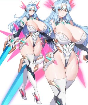 1girl absurdres android armored_leotard bare_shoulders blue_hair breasts cleavage curvy elbow_gloves forehead_protector full_body gloves gun gurimjang handgun headgear high_heels highleg highleg_leotard highres huge_breasts kos-mos leotard long_hair long_legs red_eyes revealing_clothes simple_background solo sword thick_thighs thighhighs thighs weapon white_background wide_hips xenosaga