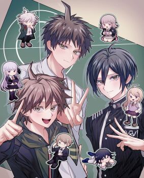 Rule 34 | 3girls, 6+boys, ahoge, akamatsu kaede, black hair, blonde hair, blush, brown eyes, brown hair, chibi, closed mouth, collared shirt, commentary, crossed arms, danganronpa: trigger happy havoc, danganronpa (series), danganronpa 2: goodbye despair, danganronpa v3: killing harmony, eyelashes, flipped hair, green eyes, hair between eyes, handheld game console, happy, height difference, highres, hinata hajime, holding, holding handheld game console, hood, hoodie, index finger raised, invisible chair, jacket, kirigiri kyoko, kneeling, komaeda nagito, long hair, long sleeves, looking at viewer, lying, mai duo, male focus, medium hair, multiple boys, multiple girls, naegi makoto, nanami chiaki, oma kokichi, open mouth, outline, pants, pink hair, pinstripe jacket, pinstripe pattern, pleated skirt, purple eyes, purple hair, saihara shuichi, school uniform, shirt, short hair, sitting, skirt, smile, standing, target, thighhighs, togami byakuya, v, wavy hair, white outline, yellow eyes