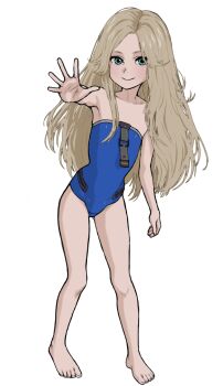 1girl bare_shoulders barefoot blonde_hair blue_eyes blue_one-piece_swimsuit bluesalm0n closed_mouth diana_(pragmata) flat_chest full_body highres loli long_hair looking_at_viewer one-piece_swimsuit outstretched_arm pragmata simple_background smile solo standing strapless swimsuit toes white_background