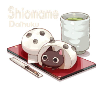 cat chopsticks commentary cup daifuku drink food food_focus food_name in_food mochi no_humans original simple_background suzaku_(zaku6584) white_background