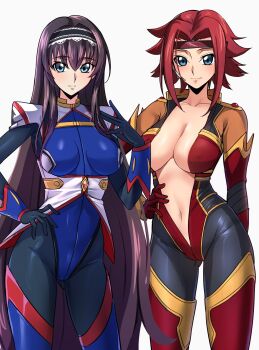 2girls blue_eyes breasts cleavage cleavage_cutout clothing_cutout code_geass code_geass:_lost_stories collarbone hand_on_own_hip headband highres kouzuki_kallen large_breasts light_blush long_hair looking_at_viewer maya_disel medium_hair multiple_girls navel parted_bangs pilot_suit red_hair shiny_skin simple_background skin_tight smile thighs very_long_hair white_background yoo_tenchi