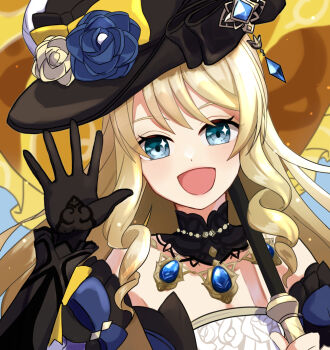 1girl black_gloves black_hat blonde_hair blue_eyes blue_flower blue_rose flower genshin_impact gloves hat hat_flower highres long_hair looking_at_viewer navia_(genshin_impact) open_mouth rose solo star_(symbol) star_in_eye symbol_in_eye upper_body white_flower white_rose yyukisnow