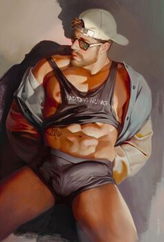 1boy abs absurdres arms_behind_back backwards_hat bara baseball_cap beard biceps black_tank_top boxers brown_hair bulge commentary covered_testicles english_commentary erection erection_under_clothes facial_hair grand_theft_auto grand_theft_auto_vi grey_male_underwear hat highres jacket jason_duval looking_to_the_side male_focus male_underwear muscular muscular_male navel nipples pectorals qaisan sitting sunglasses tank_top tattoo underwear white_hat