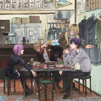 2boys 2girls absurdres black_jacket black_pants black_shoes black_skirt black_thighhighs blonde_hair brown_hair brown_shoes chopsticks clothes_hanger coat cup dumpling food fushimi_gaku_(1st_costume) glasses grey_sweater happy_trigger_(nijisanji) highres holding holding_chopsticks holding_with_chopsticks ienaga_mugi ienaga_mugi_(7th_costume) indoors jacket kenmochi_touya kenmochi_touya_(1st_costume) koze_niire multiple_boys multiple_girls nijisanji pants purple_hair scarf shoes skirt sneakers sweater table thighhighs twitter_username unworn_coat virtual_youtuber yuuhi_riri yuuhi_riri_(1st_costume)