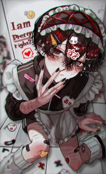 1boy :< @_@ aegyo_sal apron bandaid bandaid_on_knee bandaid_on_leg black_dress black_eyes black_hair blood carrot_hair_ornament chromatic_aberration commentary_request crossed_bangs double-parted_bangs dress english_text eyebrow_razor feet_out_of_frame food-themed_hair_ornament from_above hair_between_eyes hair_ornament hand_up headdress heart highres holding_razor_blade hosikage4040 looking_at_viewer maid_apron male_focus nosebleed original razor_blade scar scar_on_arm self-harm sexually_suggestive short_hair sitting solo spoken_heart thigh_cutting wariza wrist_cutting