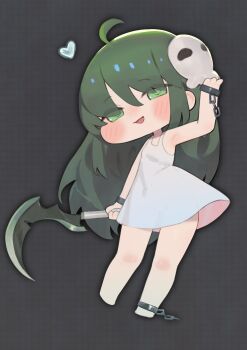 1girl absurdres bare_shoulders barefoot bkbbkbkk blush breasts chibi chibi_only commentary dress full_body green_eyes green_hair hair_between_eyes heart highres holding holding_weapon long_hair looking_at_viewer mask mask_on_head open_mouth sari_(trickcal) simple_background skull_mask sleeveless sleeveless_dress small_breasts solo symbol-only_commentary trickcal very_long_hair weapon white_dress