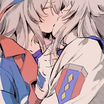 2girls blue_hairband blue_jacket blue_sailor_collar blush closed_eyes closed_mouth fingerless_gloves gloves grey_hair hairband headband highres horse_girl jacket kiss long_hair long_sleeves multiple_girls nooctadesu oguri_cap_(starlight_beat)_(umamusume) oguri_cap_(umamusume) red_headband sailor_collar striped_clothes striped_hairband tamamo_cross_(umamusume) tamamo_cross_(with_lightning_speed)_(umamusume) umamusume umamusume:_cinderella_gray upper_body white_gloves white_jacket yuri
