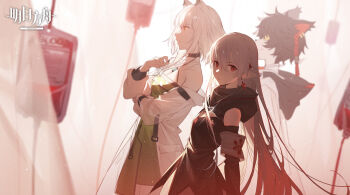 1boy 2girls aak_(arknights) animal_ears arknights armband backlighting black_choker black_dress black_hair blood blood_bag cat_boy cat_ears chinese_commentary choker commentary_request copyright_name cowboy_shot cross cross_earrings dress earrings furry furry_male green_dress hair_between_eyes highres hood hood_down intravenous_drip jacket jewelry kal&#039;tsit_(arknights) long_hair looking_at_viewer looking_to_the_side multiple_girls off-shoulder_dress off_shoulder official_art pendant petite pointy_ears red_eyes red_theme see-through_clothes shi-chen short_hair very_long_hair warfarin_(arknights) watermark white_hair white_jacket