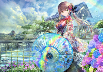 1girl architecture brown_hair day east_asian_architecture flower green_eyes green_hakama hakama hakama_skirt highres hydrangea japanese_clothes kimono long_hair looking_at_viewer ogata_tei oil-paper_umbrella original outdoors ponytail see-through_clothes skirt umbrella