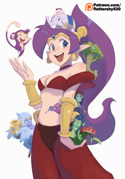 alternate_skin_color animalization arthropod_girl bandeau bat_(animal) blobfish blue_eyes bracer breasts choker circlet cleavage dryad earrings elephant forehead_jewel green_little harem_pants harpy hoop_earrings insect_girl jewelry mermaid midriff mini_person minigirl monkey monster_girl multiple_persona open_mouth pants patreon_username pointy_ears purple_hair shantae shantae:_half-genie_hero shantae_(series) small_breasts smile solo spider_girl vase winged_arms wings