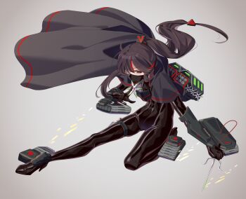 1girl ahoge black_hair bodysuit breasts command_&amp;_conquer covered_navel dagger ddt_(darktrident) full_body grey_background high_heels highres knife latex latex_bodysuit long_hair looking_to_the_side mask mecha_musume mouth_mask one_eye_covered personification ponytail red_eyes sai_(weapon) shuriken sidelocks skin_tight skindentation small_breasts solo thigh_strap very_long_hair weapon